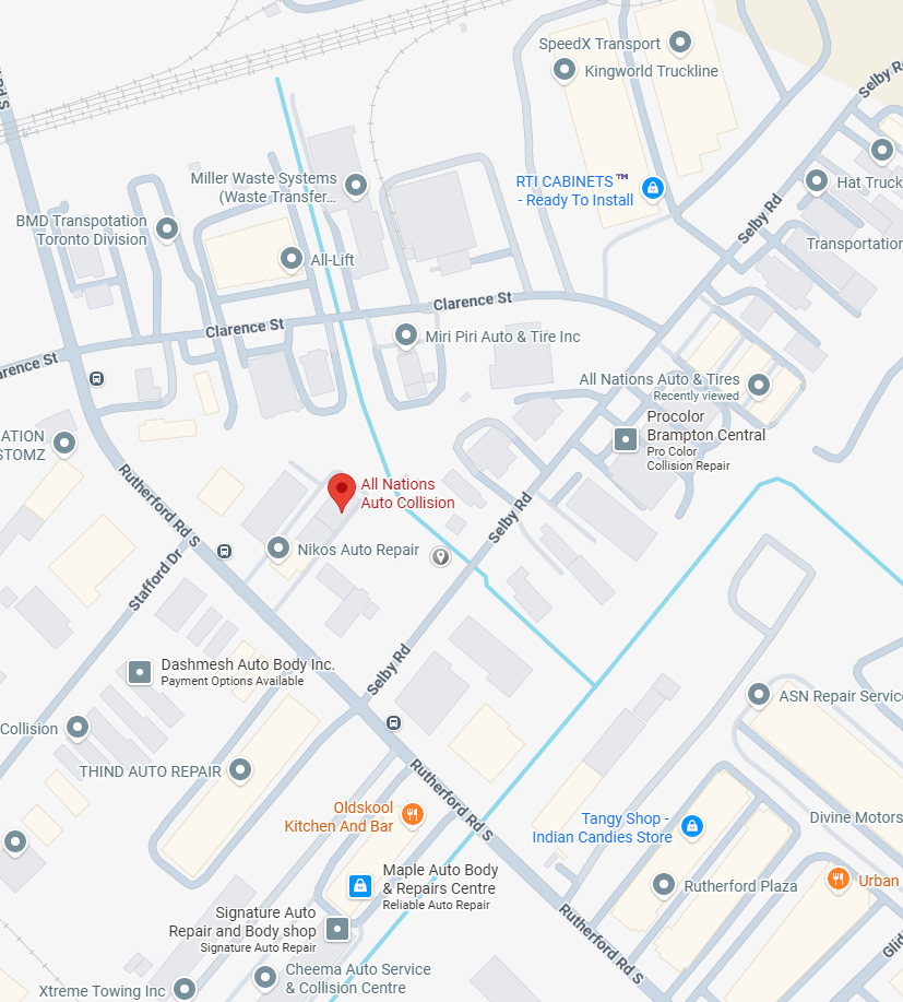 Map showing All Nations Auto Collision at 224 Rutherford Rd S, Brampton, Ontario